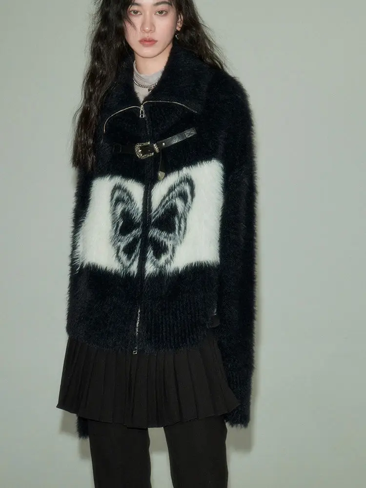 Onalippa Fashion Vintage Butterfly Pattern Imitation Mink Fur Button Knit Cardigan Black White Contrasting Loose Sweater Jacket