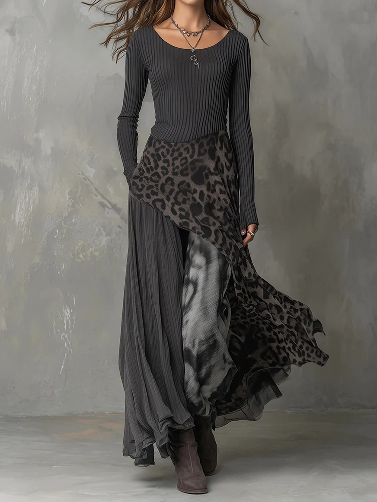 

Элегантное женское платье макси с леопардовым принтом и круглым вырезом, весна 2026, повседневное, с длинным рукавом, для отпуска
