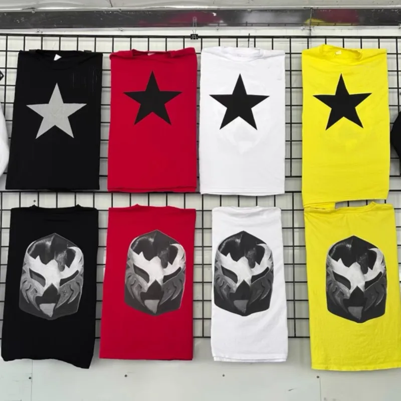 

Star Face Mask Pentagram Print Summer Kanye Bully Tshirts Breathable Cotton Rond Neck Pullover Men Women Oversize Street Outfit
