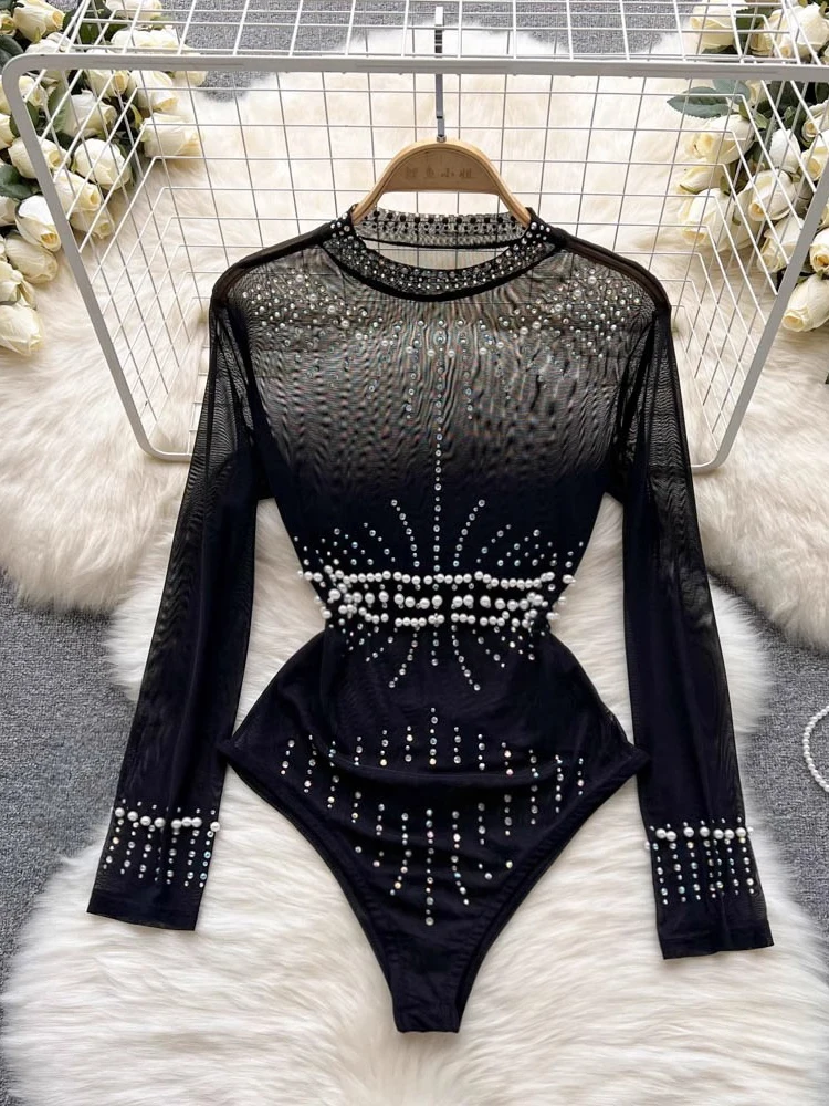 

Spring Summer Women Sexy Playsuits Black/Khaki See-Through Beading Thin Bodysuit Female Long Sleeve Party Club Romper 2024 New