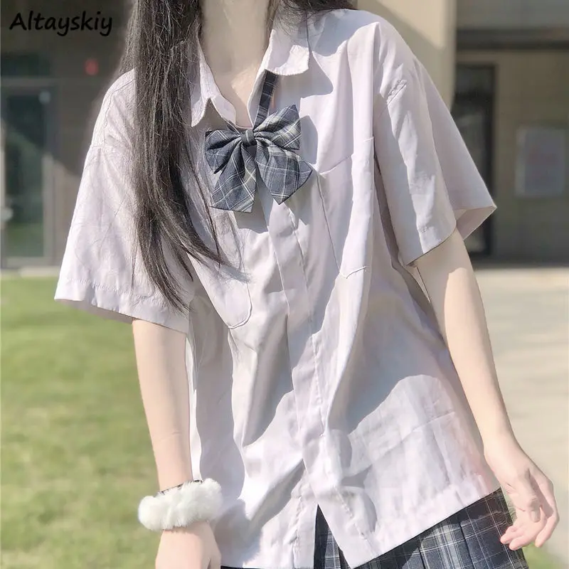 Short Sleeve Shirts Women Loose Casual Simple Tops Preppy Style Summer Students Clothing Comfortable Aesthetic Fashionable Chic