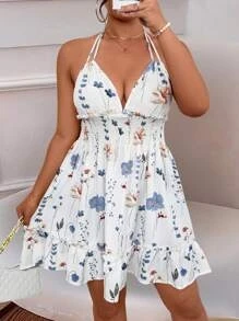 

Новое поступление лета 2024, женское мини-платье с v-образным вырезом и цветочным принтом, с рюшами