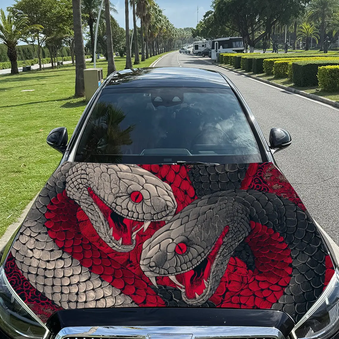 

Red Eyed Black Snake and White Snake Car Vinyl Wrap, PVC Material Waterproof Car Hood Sticker, Self-Adhesive Scratch-Resistant S
