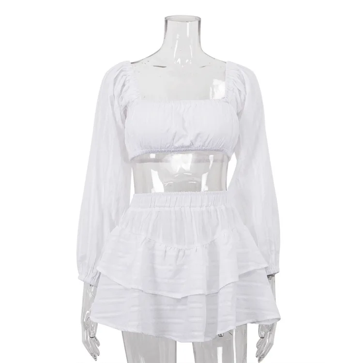 Fashion White Cotton Womens 2 Piece Outfit Set Elegant Strapless Long Sleeve Crop Tops And High Waist Pleated Skirts Sets