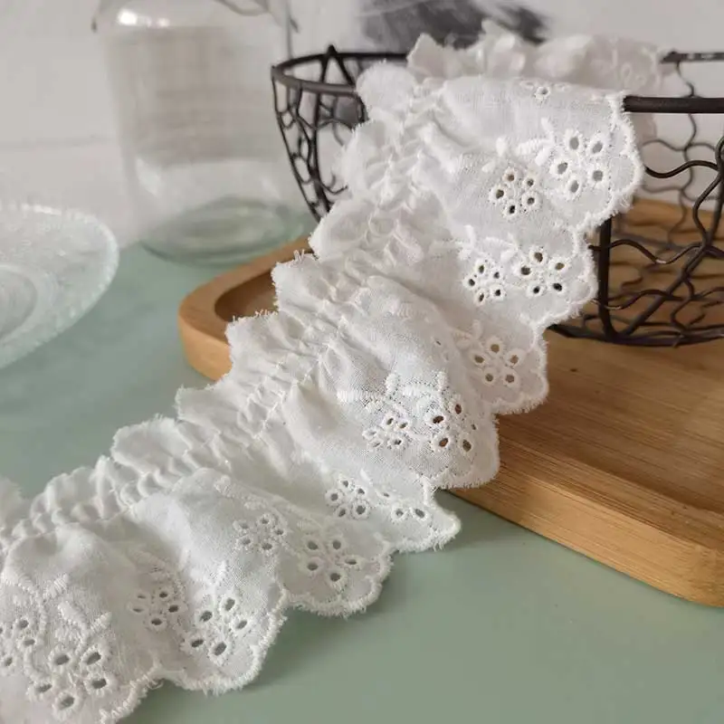 8CM Wide White Cotton Polyester Embroidered Lace Material Ruffle Trim Ribbon Wedding Dress Collar Neckline DIY Sewing Decor