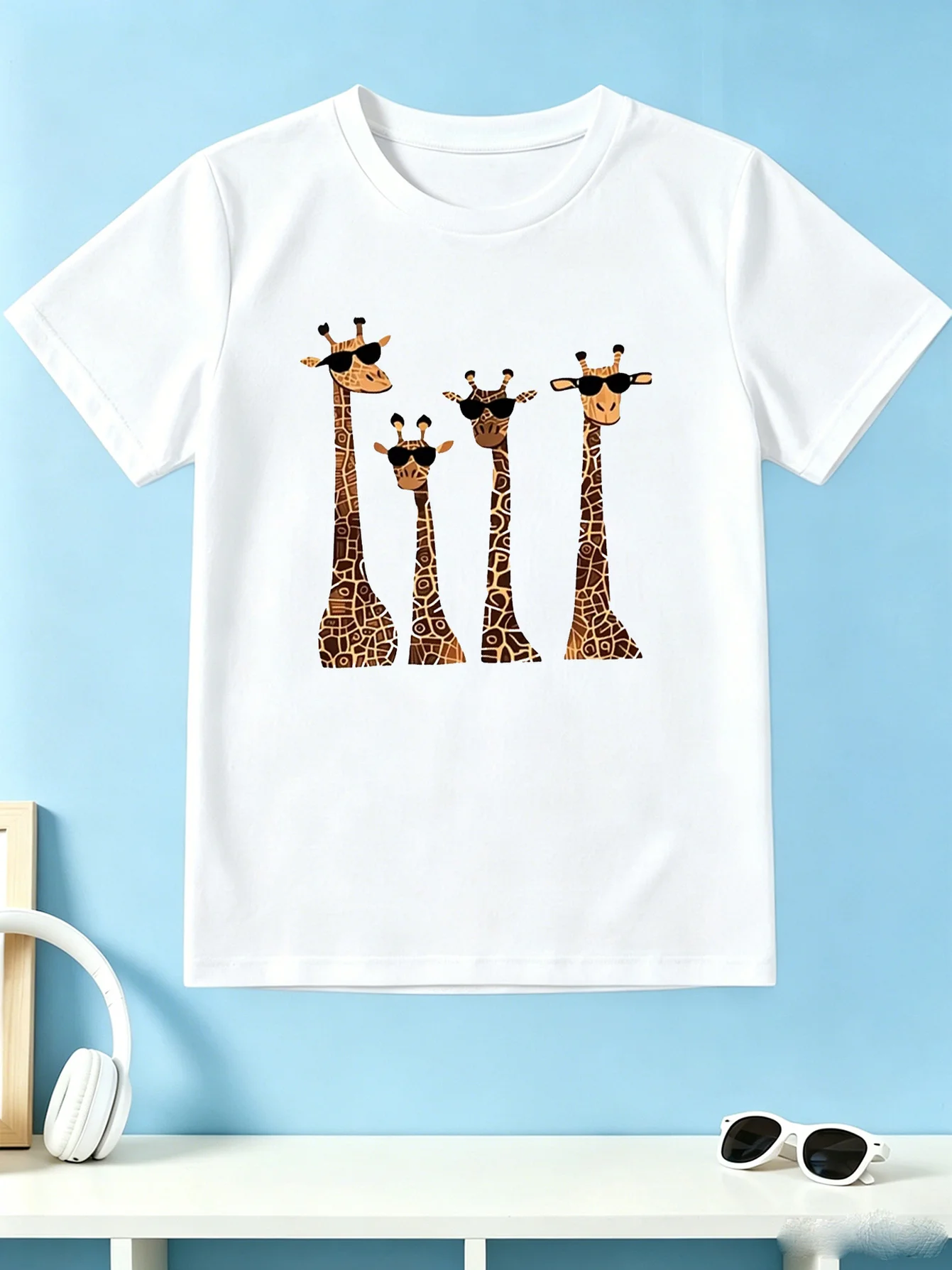 Children T Shirt Trendy Cool Giraffe Family In Sunglasses Fun Safari Animal Art Print Short Sleeve Soft Cotton Kids Daily Outfit