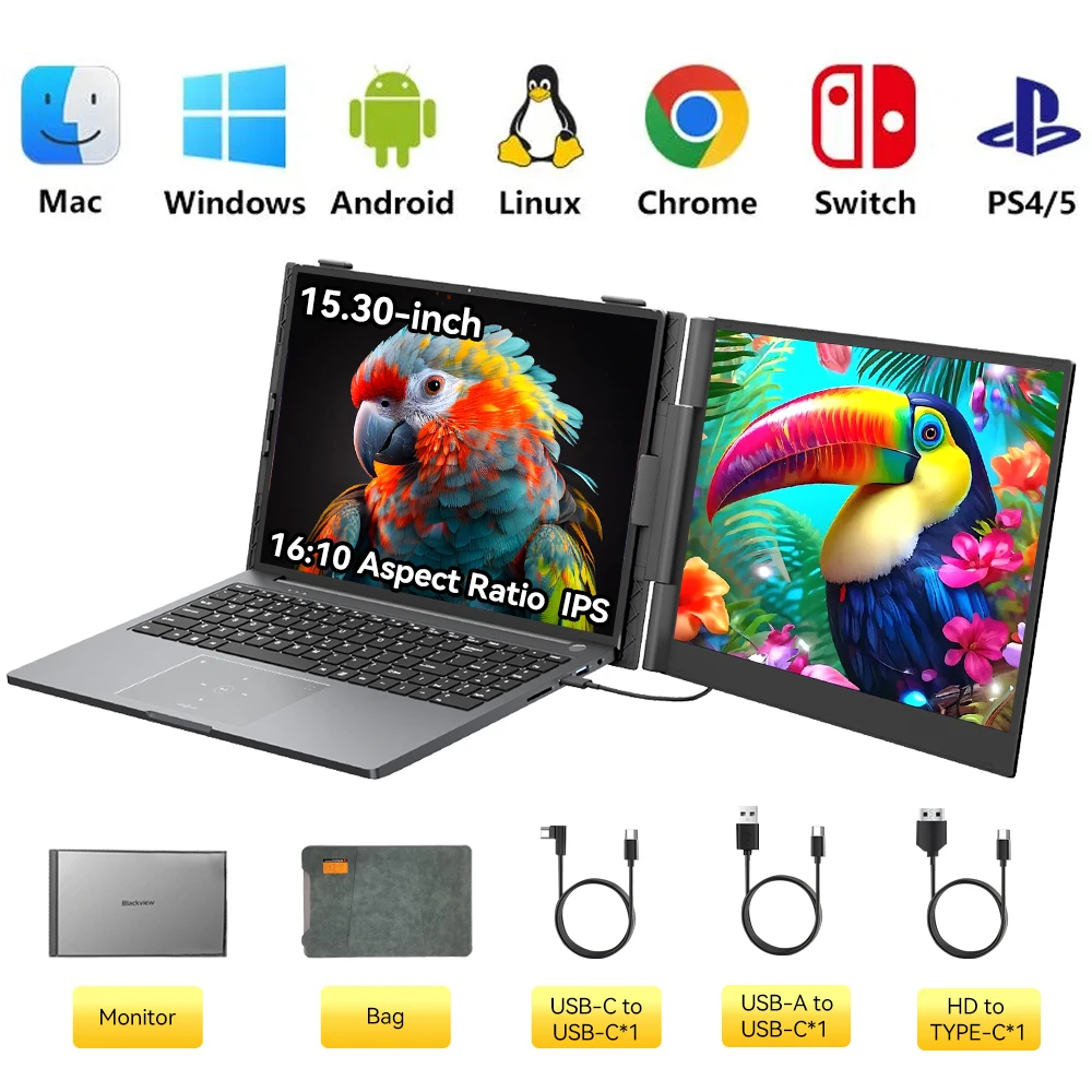 Blackview SCM8 Laptopschermverlenger, 15,3 inch 1080P FHD IPS (16:10), draagbare laptopmonitor compatibel met Windows/Mac/Chrome OS.