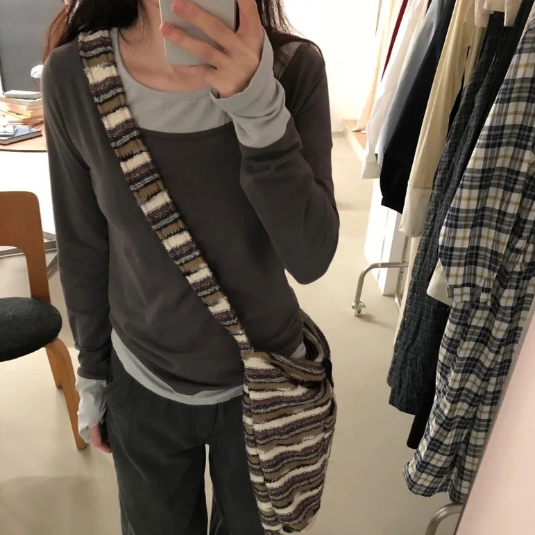 

Женская повседневная футболка свободного кроя с круглым вырезом и длинным рукавом, 100% хлопок, осенняя новинка, стиль Dongda Gate