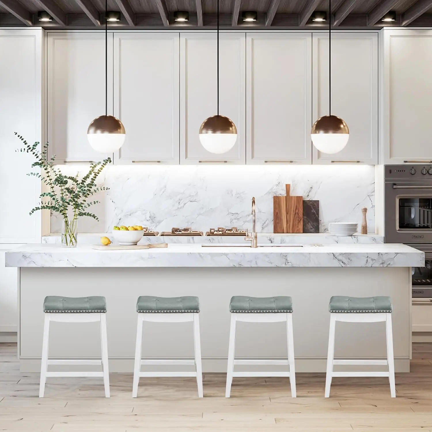 4 Kursi Bar Cambridge, Tinggi Meja 24', Kaki Kayu Solid Espresso dengan Bantalan PU Abu-abu – Dapur & Ruang Tamu (Set isi 4)