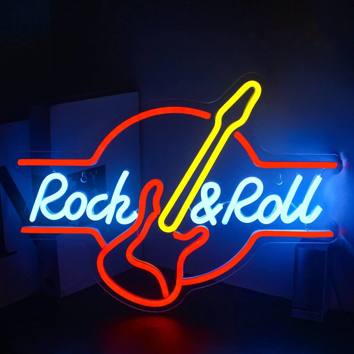 Guitar Rock and Roll Neon Sign,Led Neon Light for Wall Decor,Guitar Shape Light Up Sign for Bar Live Music Vocal Recital Concert