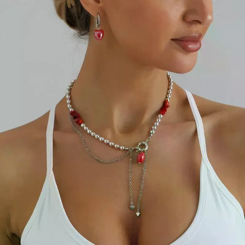 Sweet & Cool Red Stone Heart Pendant Necklace – Trendy Minimalist Neck Accessory for Women Everyday Layering Jewelry Gift