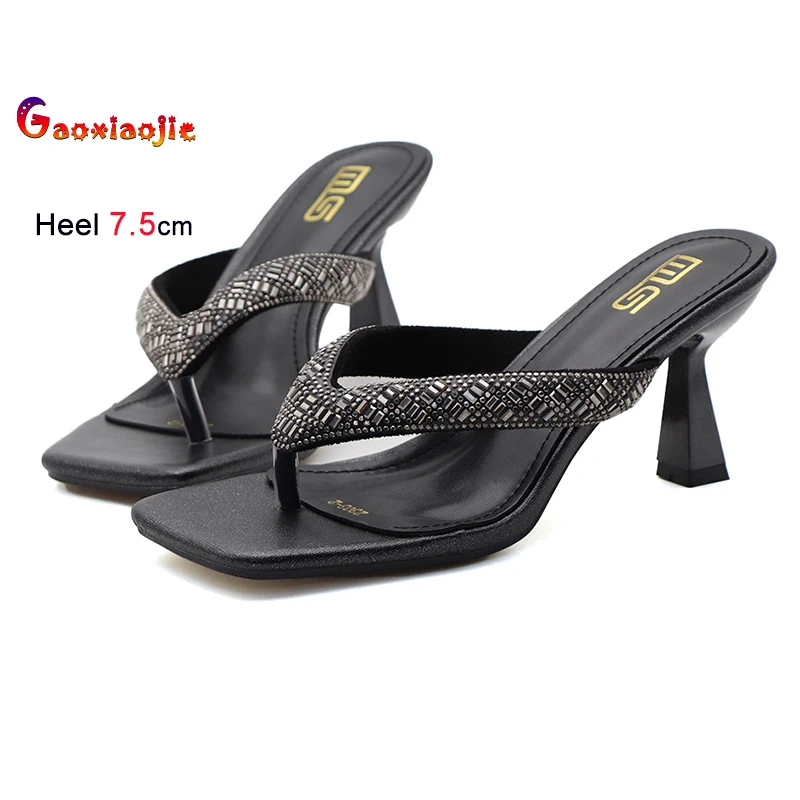 Zomer Slippers Sandalen Mode Outdoor Losse Teen Sandalen Effen Kleur Vierkante Kop Strass Decoratie Casual Hoge Hak Schoenen