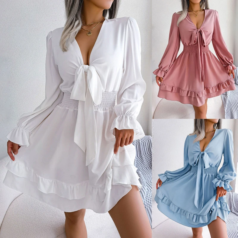 Women's Wrap V Neck Bodycon Mini Dress Puff Long Sleeve Ruched Asymmetrical Hem Party Short Dresses