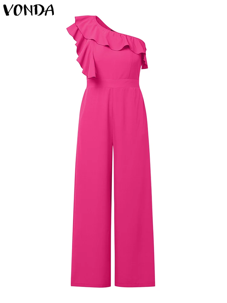 VONDA Women Elegant Long Jumpsuits Office Lady Rompers 2025 Summer Off Shoulder Ruffled Solid Overalls Fashion Wide Leg Pants