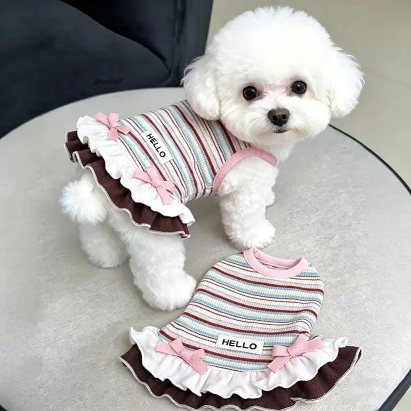 

Lace Dog Dress Spring/Summer Thin Dog Clothes Rainbow Stripes Bichon Frise Strap Teddy Breathable Skirt