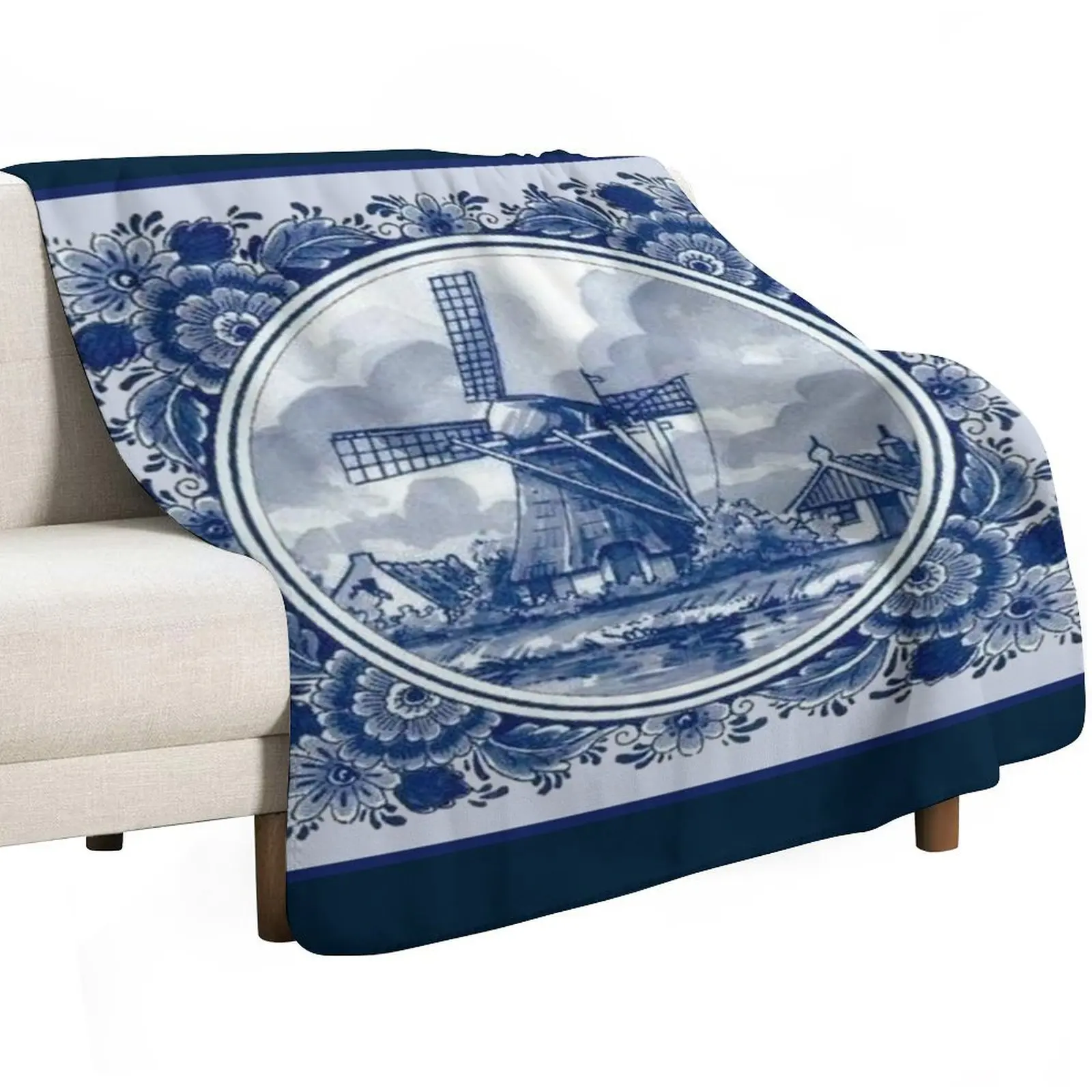 DUTCH BLUE DELFT : Vintage Windmills and Trees in Amsterdam Print Throw Blanket