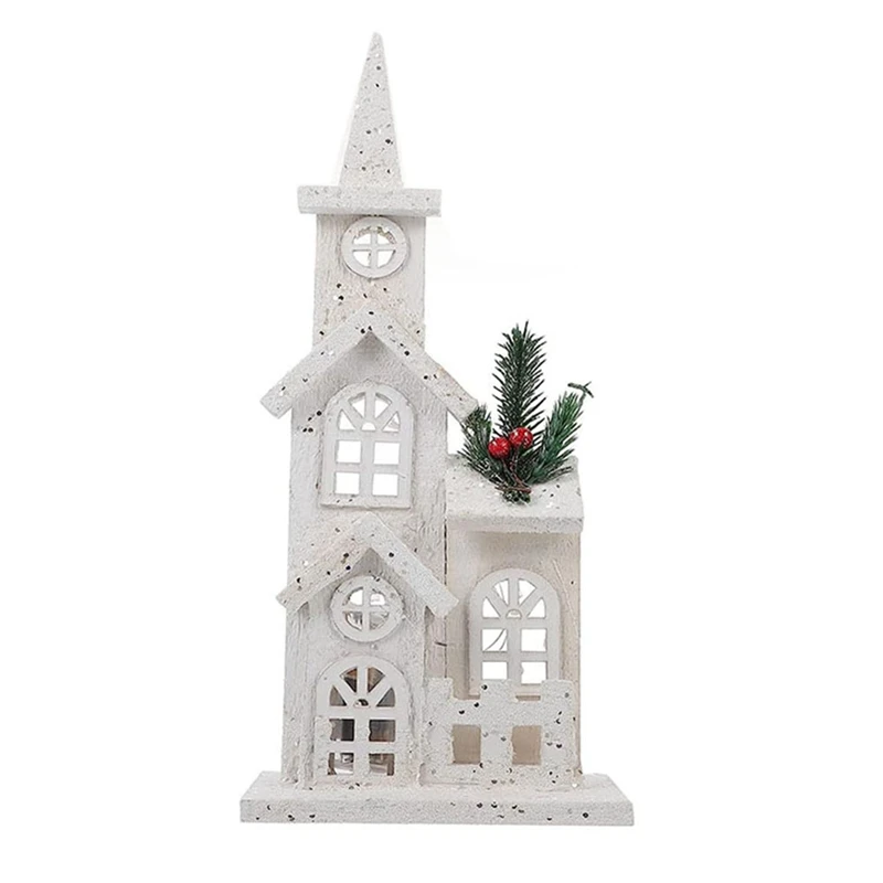 1 PCS Christmas Village Christmas LED Church Light House Snow Scene White Wood Xmas Decorations For Christmas Desktop Ornament