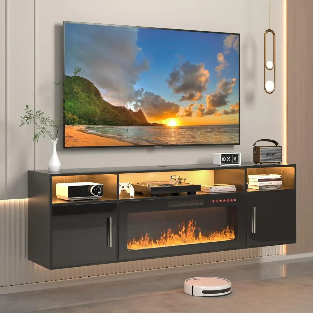 

Floating TV Stand with Fireplace, 70" Floating TV Stand Wall Mounted with 36" Fireplace, Floating Electric Fireplace TV Stand