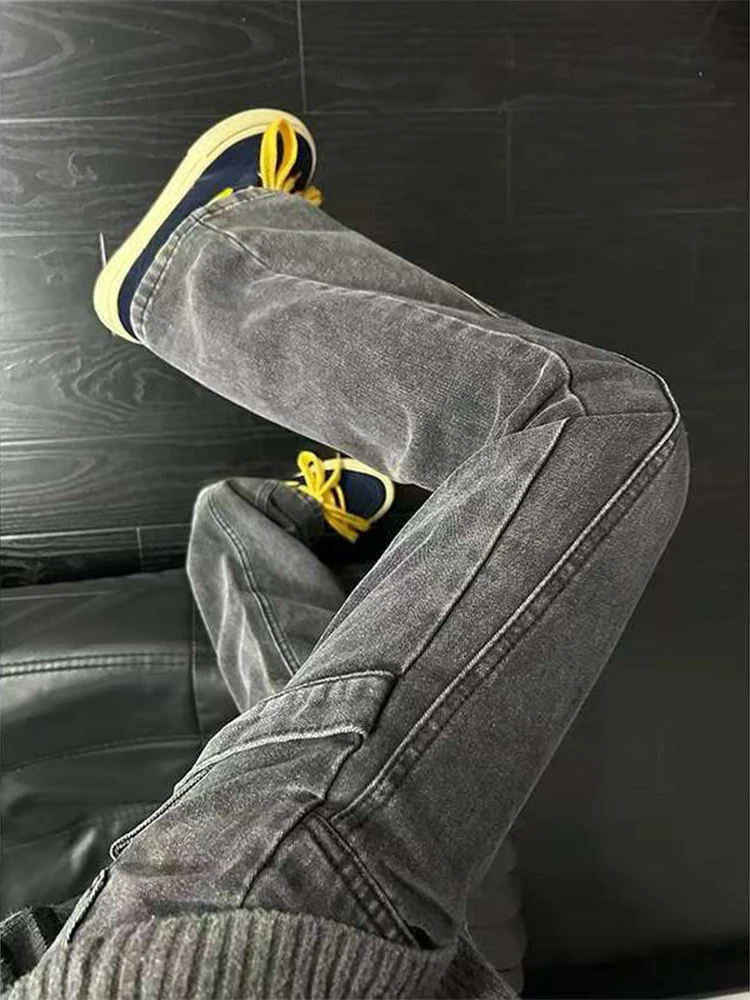 

American High Street Slanted Cut Workwear Jeans Men's Winter High Sensation Cool Loose Straight Micro Flared Pants