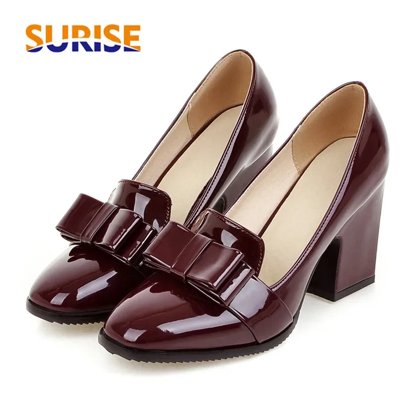 

British Bowknot Women Loafers Black Red Patent Leather High Square Heels Pumps Dress Office Lady Spring Round Toe Smoking Shoes