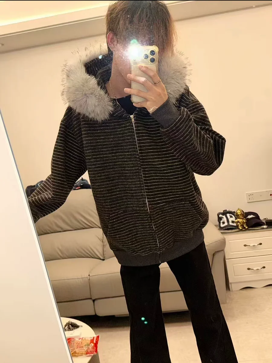 

American High Street Trendy Brand Men's Zipper Hooded Stripe Collar Jaet Vintage Sle Casual Outerwear Spring Autumn Wear