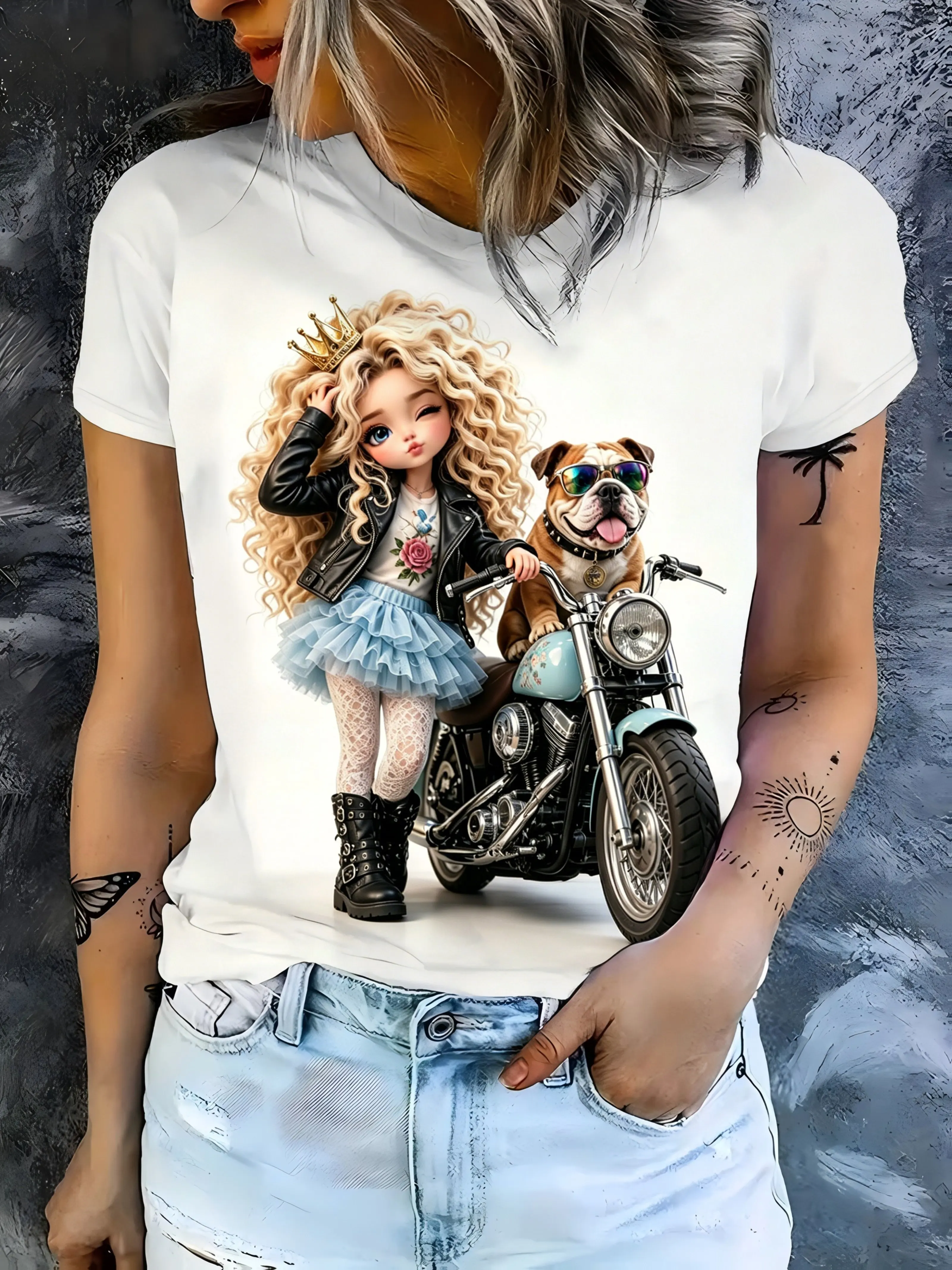 Women Crew Neck Short Sleeve T‑Shirt, Cool Rock Girl Bulldog Motorcycle Art Graphic Tee
