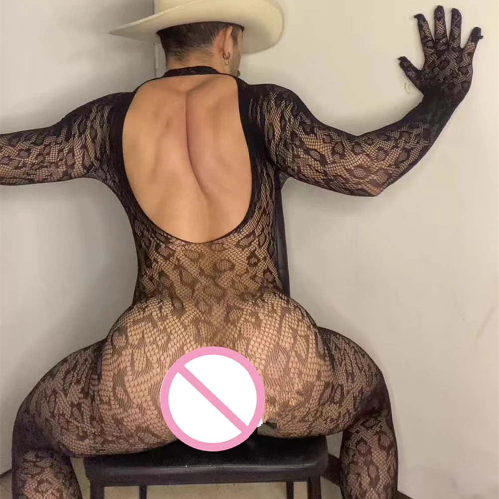 ملابس داخلية مثيرة للرجال مفتوحة المنشعب ملابس داخلية مثيرة بدون أكمام ملابس داخلية سوداء من شبكة صيد السمك ملابس داخلية للرجال بدون أكمام #5