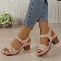 2026 Fashion Female Solid Color Round Head Fashion Flats Footwear Women'S Thick Medium Heel Adjustable Strap Sandals for Women - Image 4
