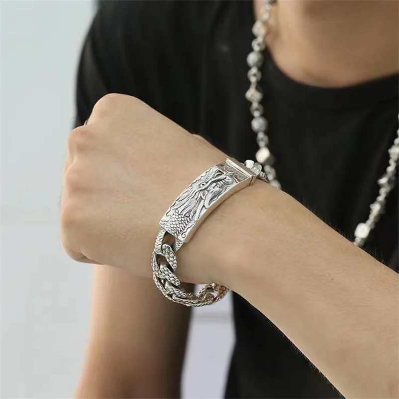 S925 Thai Silver Vintage National Style Long Brand Leading Bolt Bracelet Men's Bracelet Chain New Style Dominant Fashion