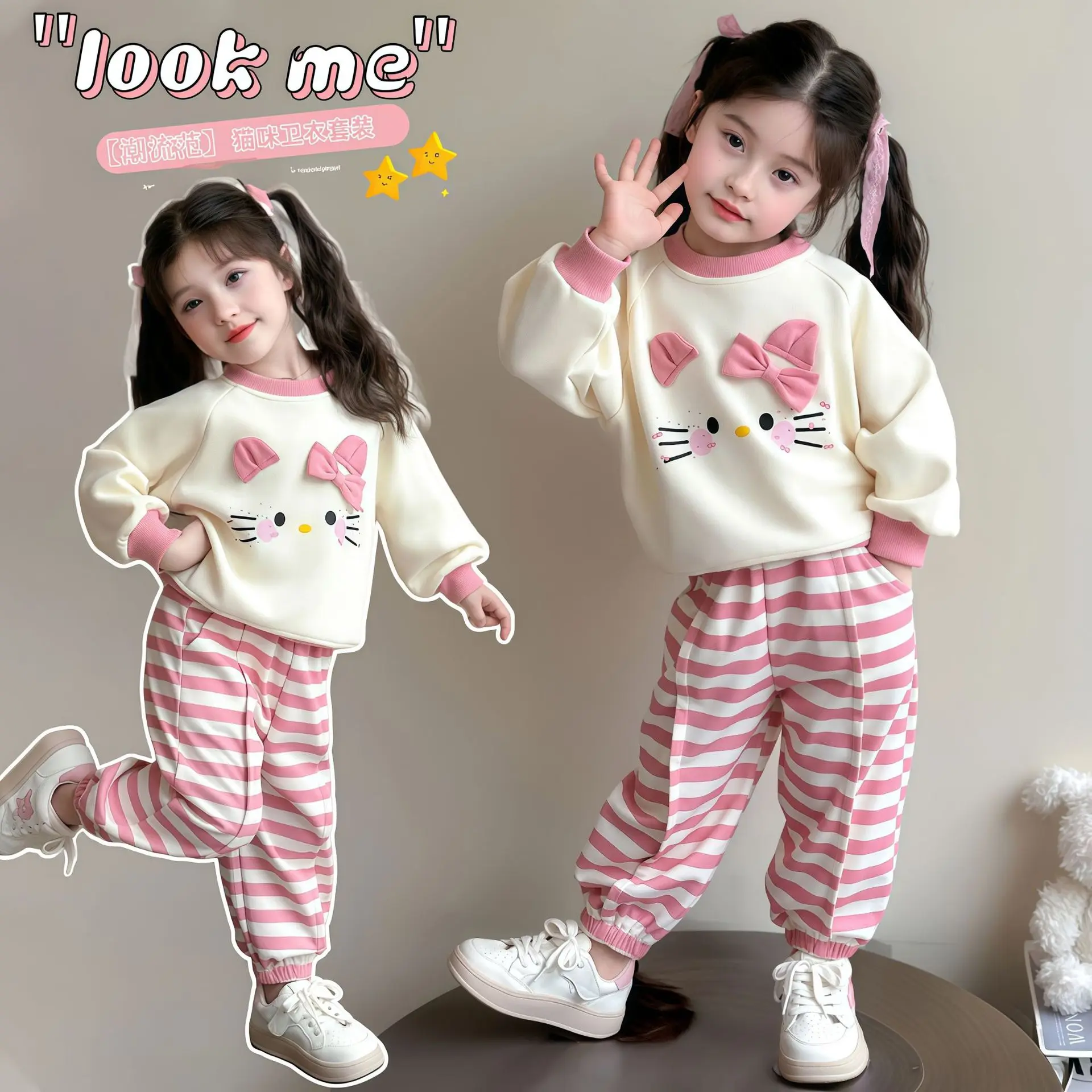

Sanrio Hello Kitty, осенний комплект свитшотов для девочек, модная детская одежда в стиле аниме, топы, повседневные штаны с героями мультфильмов, костюм для девочек