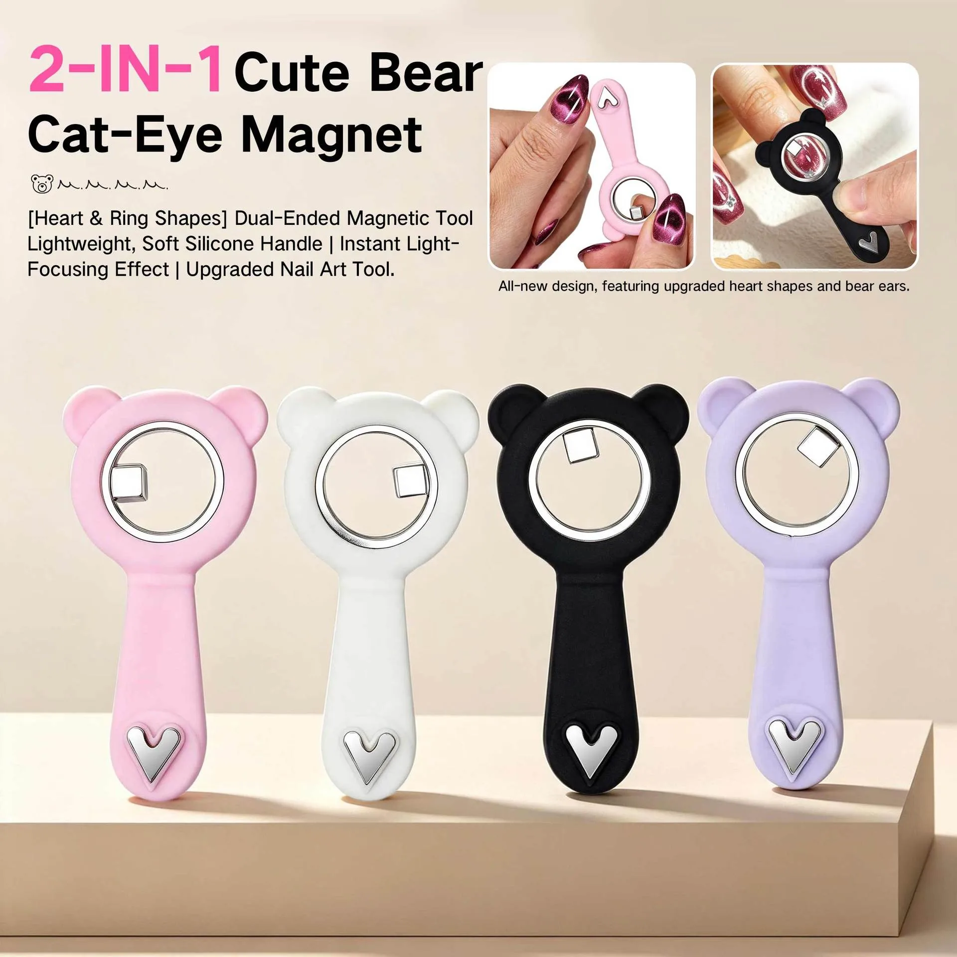 YIKOOLIN 2 en 1, Imán de Ojo de Gato con Forma de Oso, Doble Punta, Barra Magnética en Forma de Corazón para Esmalte de Uñas en Gel Ojo de Gato, Herramienta de Manicura DIY para Salón