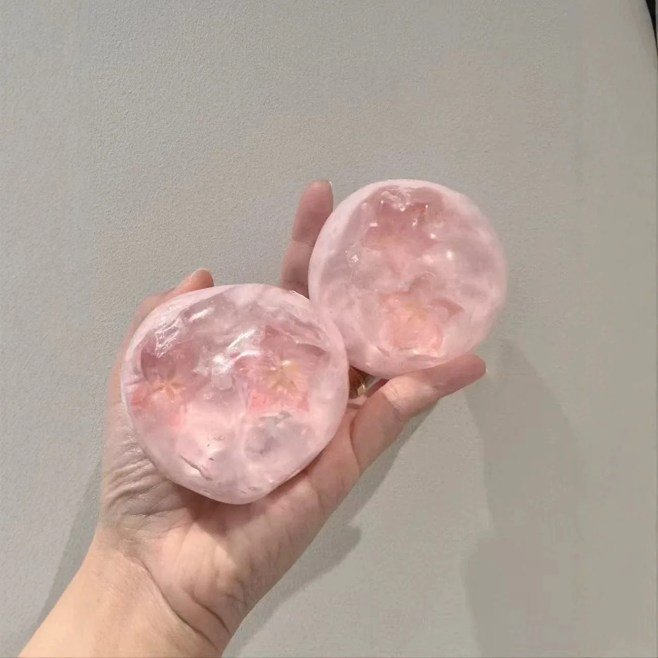 Pink Sakura Boba Handmade Fidget Ball, Transparent Cherry Blossom Inside Stress Relief Squeeze Squishy Toy