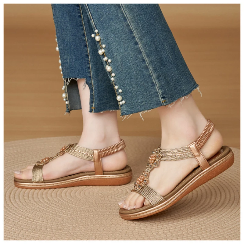 

Bohemian Floral Sandals Rhinestone Beaded Decor Elastic Back Strap Open Toe Wedge Heel Comfortable Non Slip Casual Summer Beach