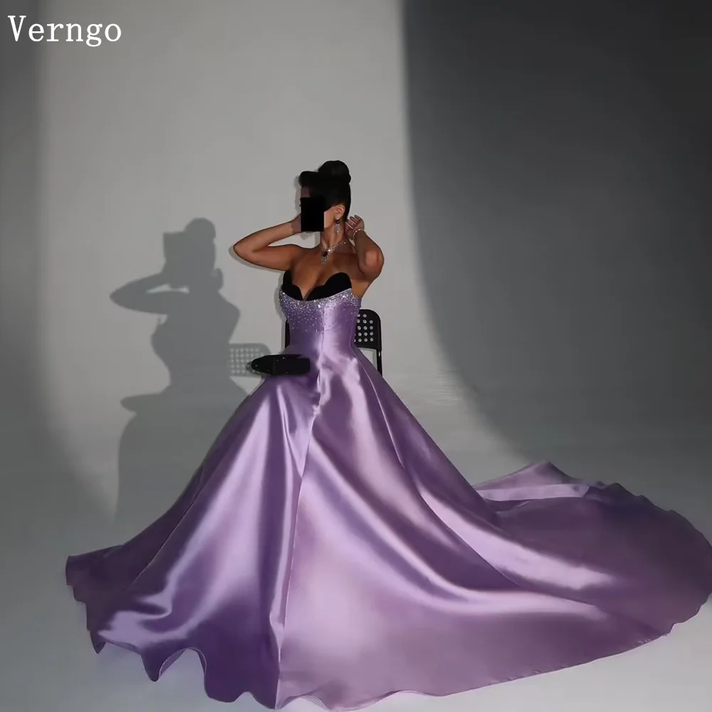 

Verngo Purple Satin Sequined Evening Dress Sweetheart A Line Prom Party Dress Sweap Train Arabic Prom Gown Customized