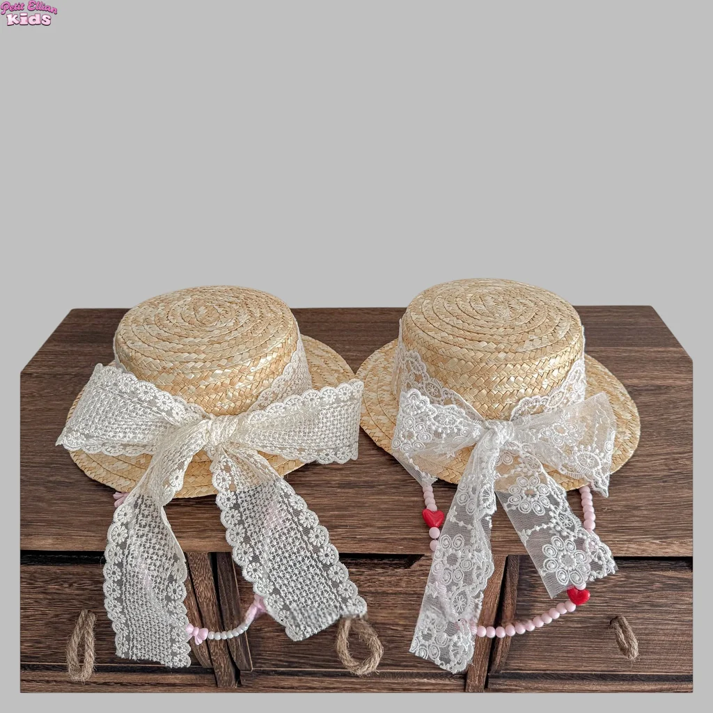 

Детская соломенная шляпа для девочек, кружевная лента с бантом и жемчугом, ветрозащитная цепочка, декор, летняя шляпа от солнца, милые детские повседневные уличные модные головные уборы