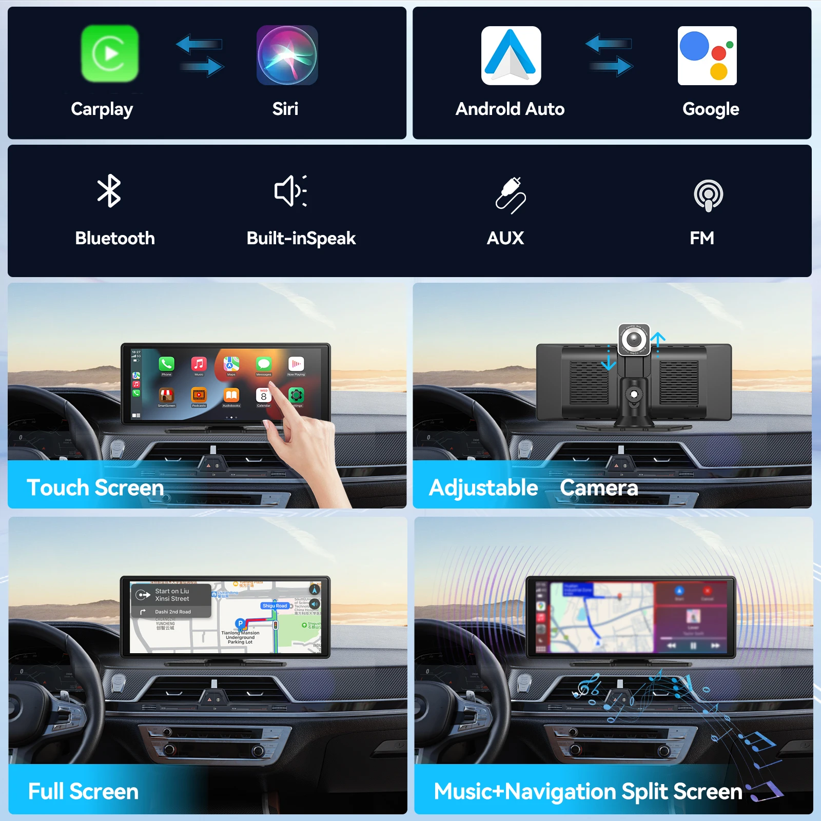 Uniwersalny przenośny Carplay do ekranu samochodowego, bezprzewodowy ekran Carplay Bezprzewodowe samochodowe stereo z Carplay Android Auto, ekran dotykowy samochodu