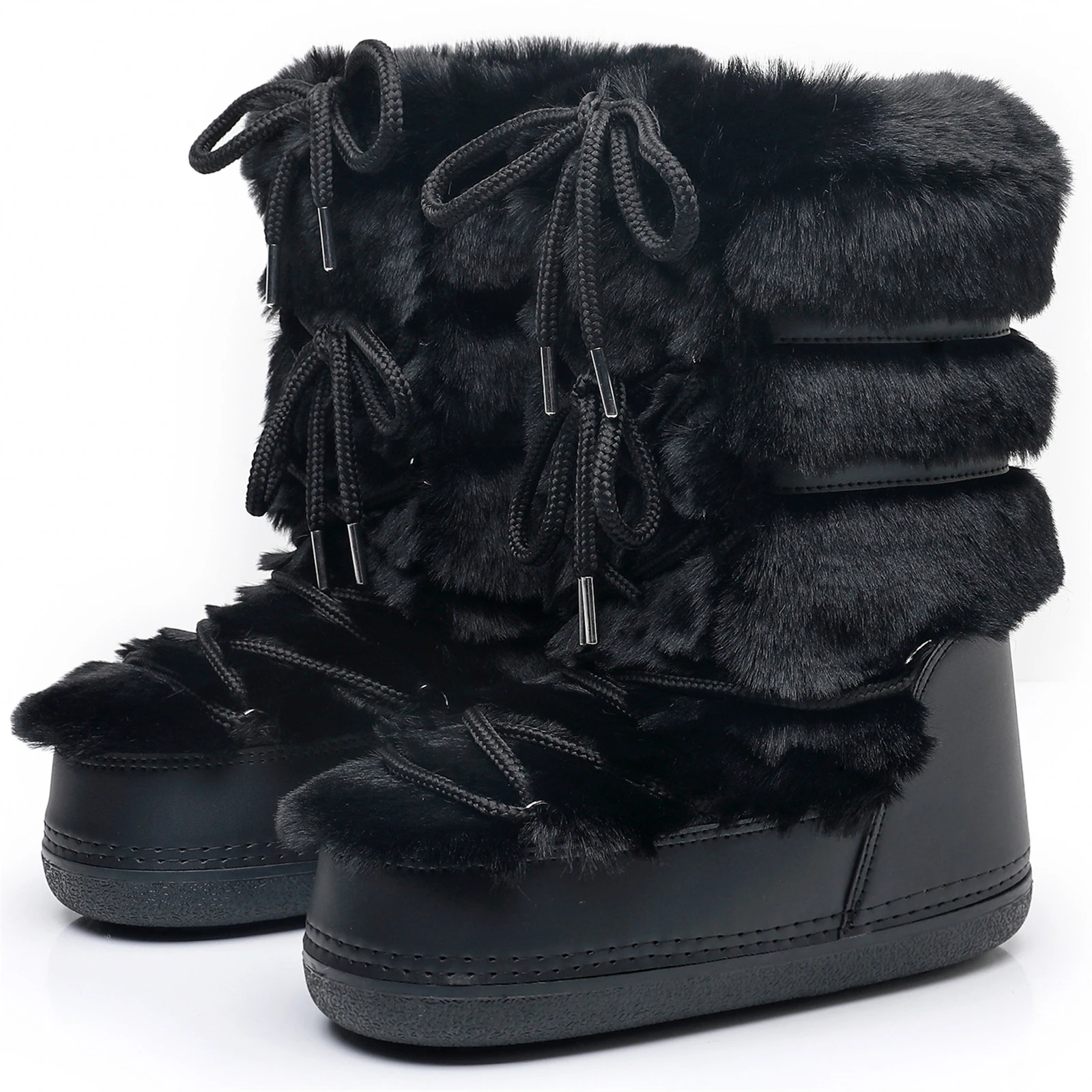 2024 Winter Fur Boots Women Snow Boots Woman Ski Boots Fluffy Hairy Lace Up Middle Calf Platform White Fuzzy Cotton Ski Boots