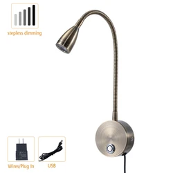 Topoch Bronze Flexible Gooseneck Reading Light - 3 Colors & Dimmable, Plug-in/USB Surface-Mount Wall Sconce for Bed Headboard