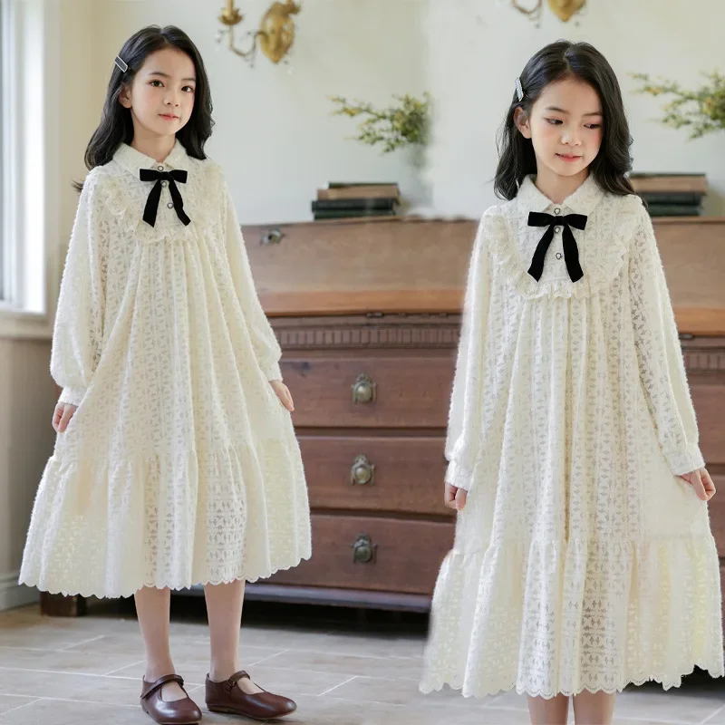 white dress for Girls clothes spring autumn new children's lace collar fairy princess clothes 7-13Y