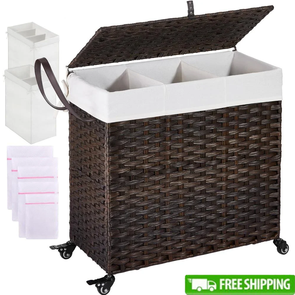 3-Compartment Laundry Hamper with Wheels and Lid 140L Large Capacity Clothes Basket 2 Liner Bags 5 Mesh Laundry Bags Handwoven