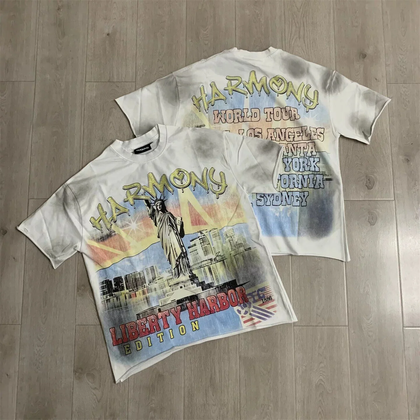 Harmony High Street Beaded Print Loose Retro Distressed Edged Vintage Short-Sleeved T-Shirt Trendy