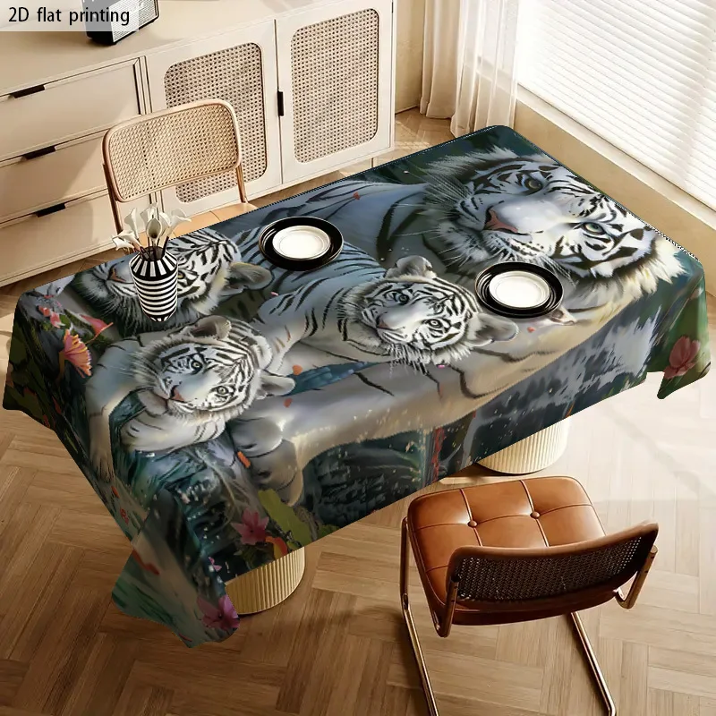 Realistic Tiger Print Tablecloth Waterproof Spillproof Dining Table Cover for Home Decor