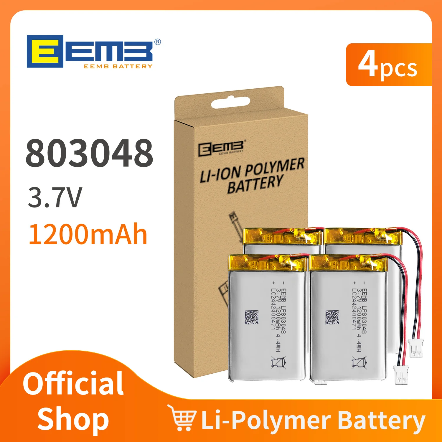 4pcs EEMB 803048 3.7V Lipo Battery 1200mAh Rechargeable Lithium Polymer Battery for GPS Navigator MP5 Bluetooth Speaker