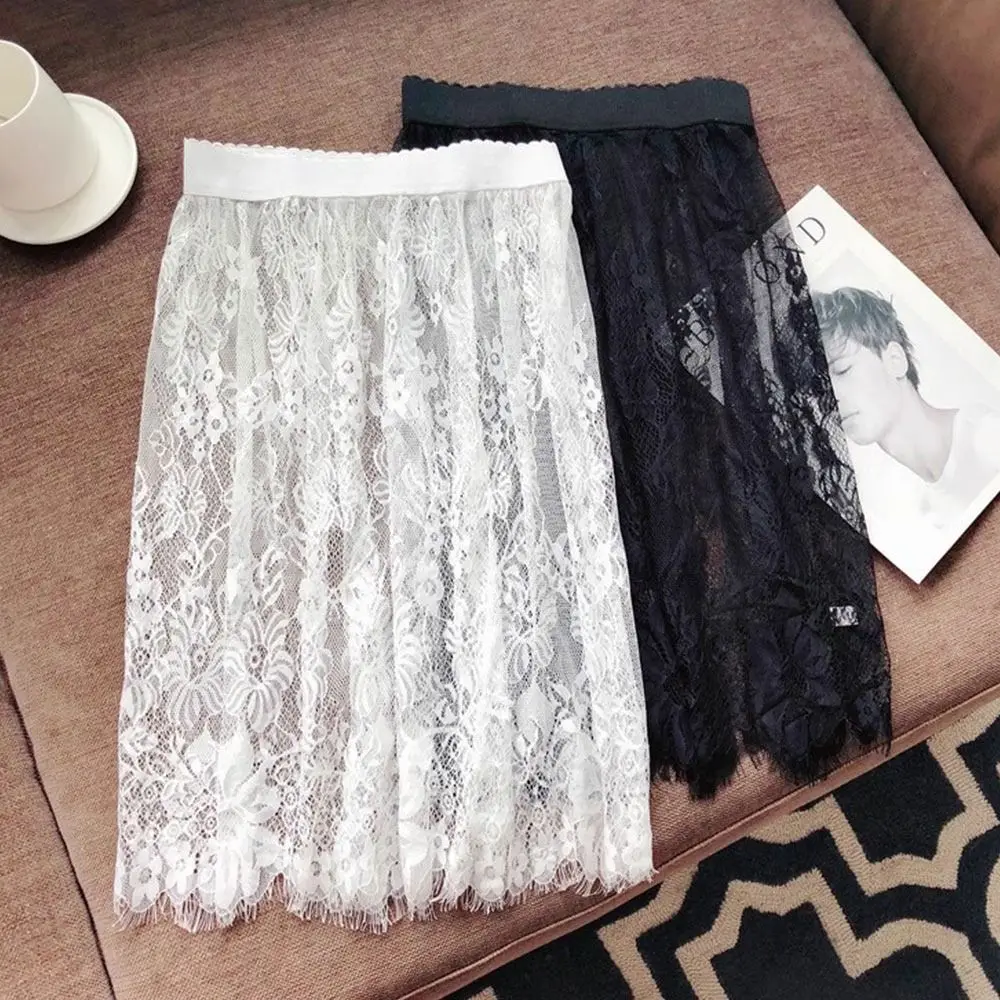 

Элегантная тонкая длинная юбка из ледяного шелка с высокой талией, эластичная, кружевная, миди, однотонная, сетчатая, с цветочным узором, базовая нижняя юбка для лета