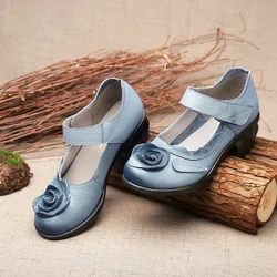 GKTINOO 2024 Retro Style Handmade Leather Shoes Women Thick With Heels Flowers Pumps Round Toe High Heels