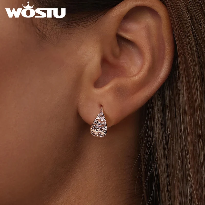 WOSTU Ocean Jewelry Wave Hollow Huggies Earrings for Women, Platinum Plated Zircon Wavy Ear Hoops 925 silver needle Holiday Gift