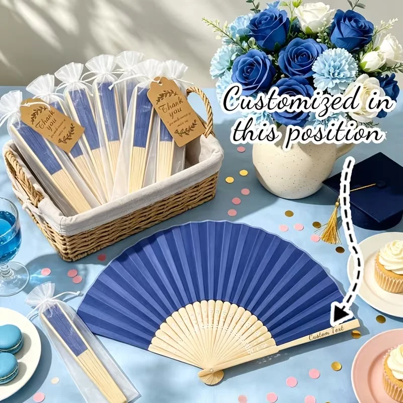 5 Sets/10 Sets/15 Sets/20 Sets of Royal Blue Folding Fans, Personalized with Custom Logo, Laser-Engraved Name Cloth Fans for Anniversaries, Suitable for Weddings, Bridal Showers—Light Blue Handheld Paper Fans, Come with Thank You Cards and Gift Bags, Can Be Used for DIY Decoration, Wedding Favors, Church Events, Women's Gifts, Perfect for Mother's Day, Graduation Season, Valentine's Day, Christmas