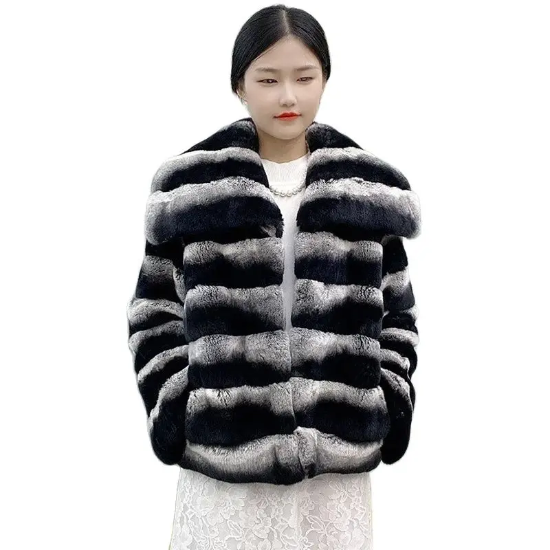 2023 new lady Beaver rabbit fur coat chinchilla striped clothes wearing hat warm fashion jacket