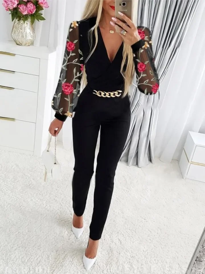 여성용 점프수트 봄 패션 플로럴 시스루 레이스 메쉬 허리 체인 캐주얼 브이넥 긴팔 타이트 데일리 여성용 롱 점프수트