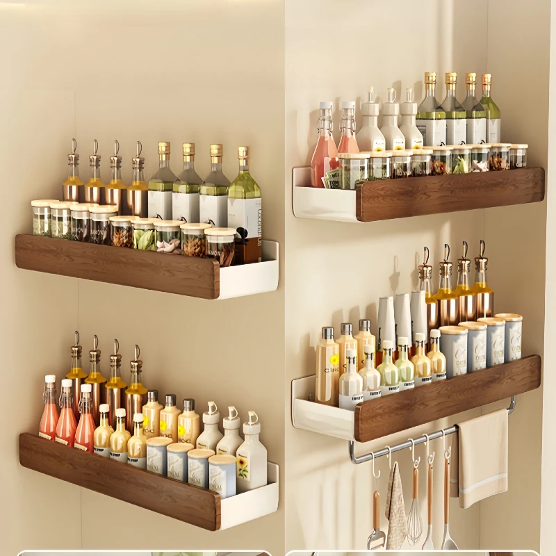 Kitchen Rack Wall Hanging Seasoning Storage Rack Detachable Kitchen Storage Racks with Rod Hanging Wall Hook Rack for Kitchen